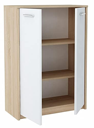 MATKAM Bürokommode 2D2P 2-türig, H/B/T 108 x 77 x 35 cm, mit zwei Innenregalen (Abstand 31,7 cm, passend für einen Standard-Ordner), Griffe in Metall-Optik. Scharniere aus Metall (Sonoma Eiche – weiß)