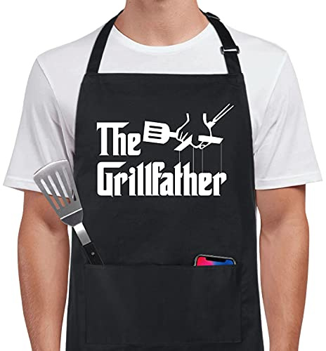 Xornis 100% Cotton Funny Aprons The Grillfather with 2 Pockets BBQ Grilling Adjustable Bib Aprons Gifts for Men Dad Friends Father Grandpa