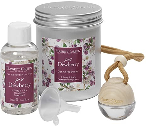 Hassett Green London Just Dewberry Car Air Freshener & Refill Kit | Empty wooden-top freshener & 50ml oil, Juicy, fruity berry aroma, Refillable design, For cars & small spaces