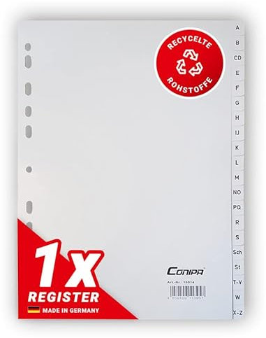 Conipa® - 1er Set A-Z Register für Ordner DIN A4 alphabetisch (MADE IN GERMANY) - Ordner-Register & Trennblätter aus PP mit Buchstaben (Alphabet) - Trennregister für Akten, Ringbücher & Hefter (Grau)