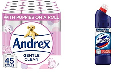 Andrex Gentle Clean Toilet Rolls - 45 Toilet Roll Pack - Bulk Buy Toilet Rolls - Gentle and Soft on Your Family's Skin - Dermatologically Tested & Domestos Original Thick Bleach 750ml