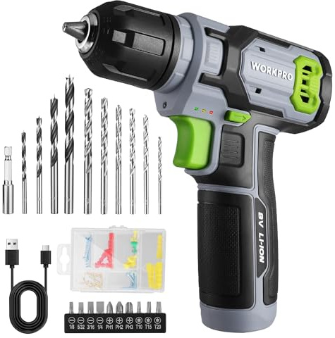 WORKPRO Cordless Power Drill Set, 8V Cordless Drill Driver Set with 53pcs Bits, 2.0Ah Electric Tool Kit with 3/8 Keyless Chuck and Variable Speed Trigger, Portable for Home Improvement, DIY