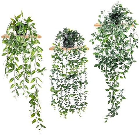 Juxtaposia Kunstpflanze Hängend,Hängepflanze Künstlich für Regaldekoration umfassen Eukalyptus Erbsenschotenblatt Mandalablätter,Innen Wohnzimmer Zimmer Veranda Heimdekoration.