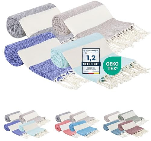 furora HOLIDAY Strandtuch (4X Stück), 100% Baumwolle - 100x200 cm XXL Hamamtuch | Strandhandtuch Damen Herren Fouta Strand Tuch, Badetuch: platzsparend kompakt, lang & groß, langelebig, Geschenk