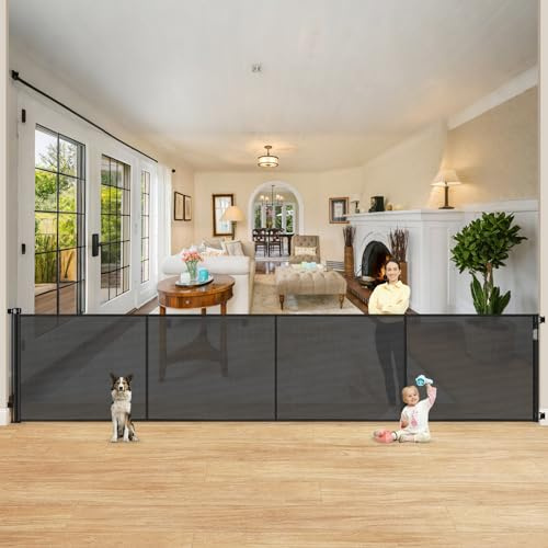 Reinforced 42 Extra Tall Retractable Dog Gate, 200 Extra Wide Baby Gate with Support Rods-Prevent Crawling Through, Outdoor/Indoor Baby Fence/Barrier/Blocker for Home, 16ft Retractable Garage Gate