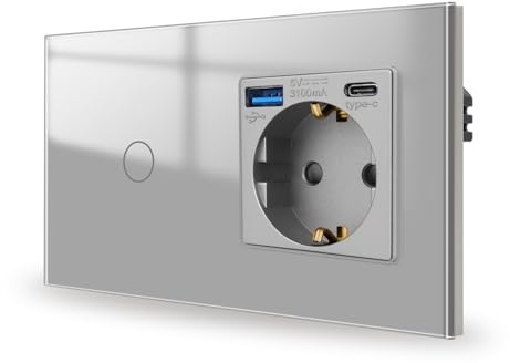JIMEIDA Touch-strömbrytare med uttag 20 W snabbladdning med USB-portar (USB A och typ C) grå 1 fack 1 väg, glaspanel och statusLED-väggbrytare, ingen neutral ledare krävs, 157 x 86 mm