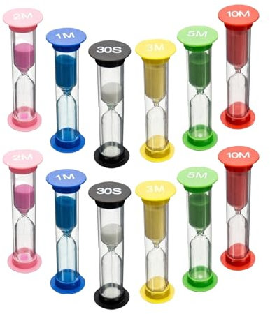 12 Stück Farbige Sanduhren 30 Sekunden 1 Minute 2 Minuten 3 Minuten 5 Minuten 10 Minuten Kleiner Timer Geeignet für Kinderschule, Büro, Zahnreinigung für Kinder, Kindertagesstätte, Zeitgesteuerte Akti