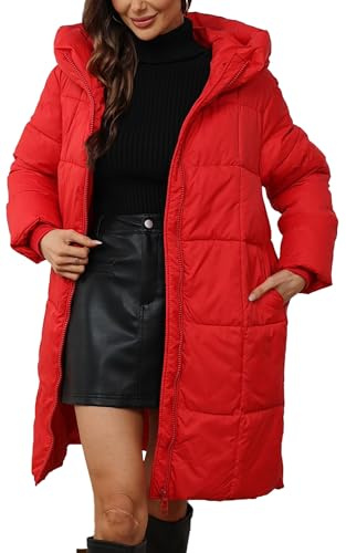 Maeau - Chaqueta Plumón Larga con Capucha Mujer con Cremallera Invierno Chaqueta Acolchada Larga Parka Abrigos Plumas Grueso Cálido Cortaviento - Rojo - L