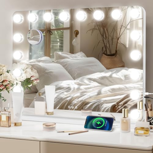 YU YUSING Hollywood Espejo Maquillaje con Luz 18 LED, 80 x 60cm, 3 Modos Iluminación Regulables, Espejo Tocador, Espejos de Mesa, USB, 10x, Vanity Mirror Tocador Dormitorio, Esquinas Redondas, Blanco