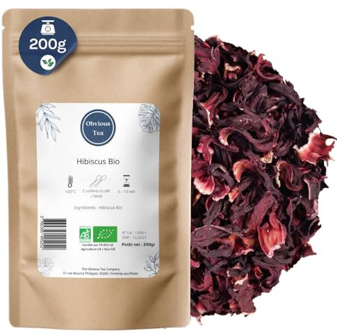 Fleurs d'Hibiscus Bio Coupées - Infusion Nature en Vrac, 100% Naturel, Sans OGM, Agriculture Biologique - Idéal pour Bissap - Fabrication Française - Sachet 200 gr (100 Tasses)