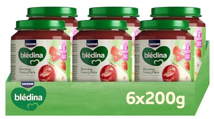Blédina Tarritos de Manzana, Fresa y Pera para Bebé. Tarritos Blédina con Vitamina C y Sin Azúcares Añadidos. Alto contenido en fibra y Sin Lactosa. Desde los 6 Meses, Pack 6x200g