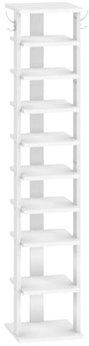 HOOBRO Étagère à Chaussures, Porte-Chaussures Vertical, Étagère à Chaussures à 10 Niveaux, Porte-Chaussures étroit avec Crochets, pour Entrée de Foyer, Chambre à Coucher, Blanc EWT141XJ01