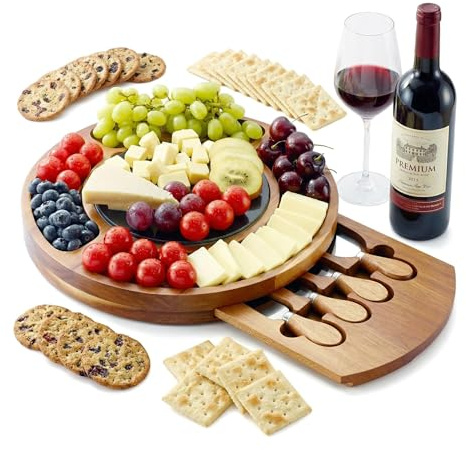 RAXCO Set regalo con tagliere per formaggi in legno di acacia con piatto in ardesia, tagliere rotondo da 32 cm con cassetto nascosto e 4 coltelli da formaggio specializzati