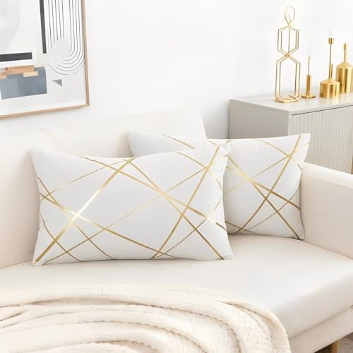 Miuyunya Terciopelo Fundas Cojin Sofa 50x30 Grande Fundas Cojines Verano Blanco Y Dorado Moderna Suave Almohadas Decorativo para Sala de Estar Patio Balcón Jardín Coche Juego 2
