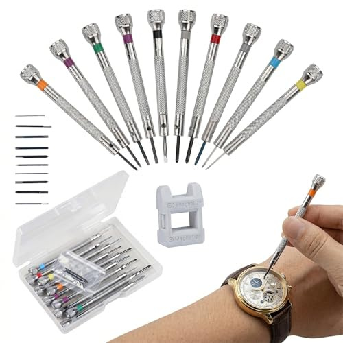 Carehabi Jeu de 10 Tournevis Precision Pour Horlogerie/Lunettes, Tournevis Horloger avec Magnétiseur Désaimanteur en Acier 45 pour Réparation de Montres, Lunettes et Électronique, 0.6mm-2mm