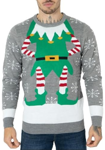 NOROZE Maglione da Uomo, Motivo Natalizio, Lavorato a Maglia, con Cappellino in Omaggio Grigio Medio. XL