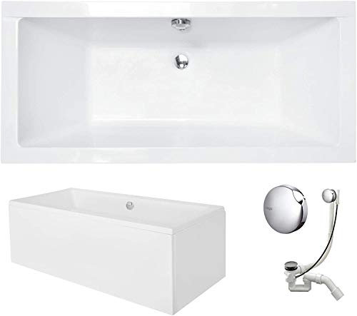VBChome Badewanne 165 x 75 cm Acryl SET Schürze Siphon Acrylwanne Wanne Rechteck Weiß Design Modern Wannenfüßen Ablaufgarnitur Chrome