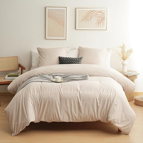 MOHAP 120 Fils/cm² Housse de Couette 220x240 cm Beige avec Taies d'Oreillers 65x65x2cm Parure de Lit 2 Personnes avec Fermeture Eclaire