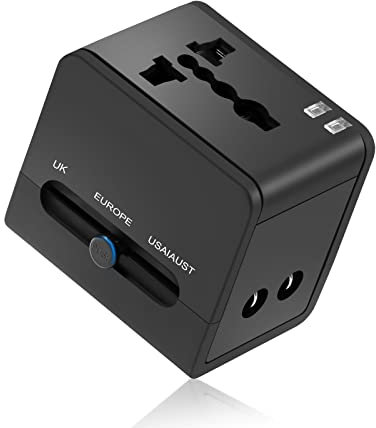 Hoppac Adaptador Enchufe Universal,1500W Adaptador De Viaje con 2 USB 2.1A/5V,Adaptadores De Corriente Aplicable A MáS De 150 PaíSes como Estados Unidos/Reino Unido//EU/Australia/Canada Negro