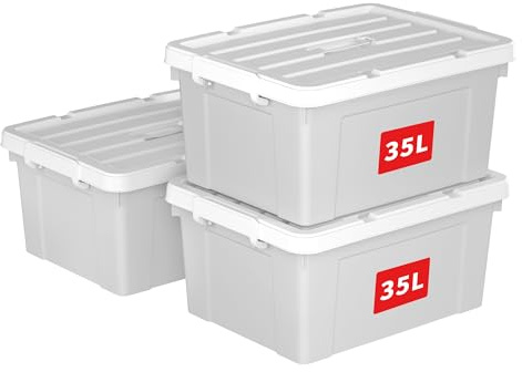 Cetomo 35L*3 Caja de Almacenamiento con Asa, Caja de Plástico con Tapa y Cierre Seguro, Contenedor de Almacenamiento Grande, Duradera, Apilable, Resistentes, Gris, Paquete de 3 de 35L