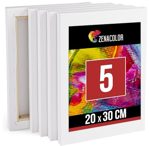 Zenacolor Toile Peinture 20x30 - Lot de 5 Toiles à Peindre Encadrées - Blanche, Vierge, 100% Coton - Set pour Peinture Acrylique, Huile, Gouache