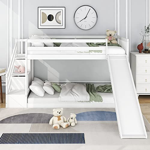 Etagenbett Kinderbett 90 x 200 mit Treppe und Rutsche, Rahmen aus massivem Kiefernholz, Stockbett mit 2 Schubladen in der Treppe, Hochbett für 2 Kinder mit Rausfallschutz, Jugendbett Bodenbett, Weiß