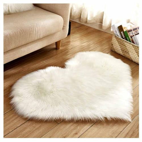 SHTGOI Tappeto in pelliccia a forma di cuore, morbido, a pelo lungo, in pelle di pecora, cuscino in finta pelliccia, per soggiorno, divano, camera da letto, pavimento, 30 x 40 cm, bianco