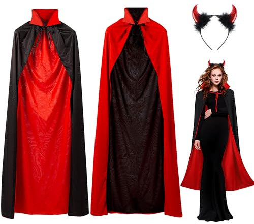 Umhang Schwarz Rot Vampir Teufel Kostüm Cape Zauberer Mit Tod Kultfaktor Hexe Umhang für Kinder or Erwachsene Halloween Kostüm Mantel Umhang 150cm, 30 Temporäre Tattoos, Dentures, Teufel hörner