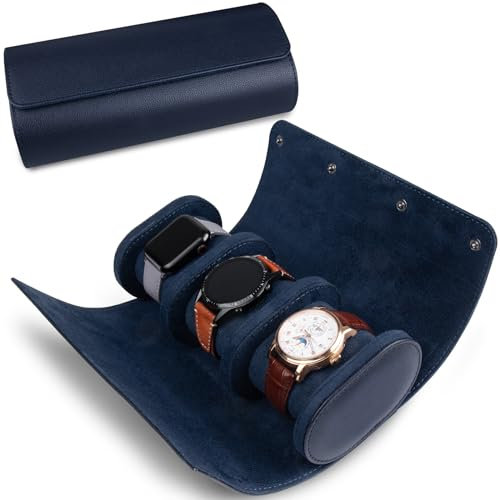 RoYiio Boîte à montres cylindrique à 3 emplacements - Étui de voyage vintage pour hommes et femmes - Version améliorée bleue