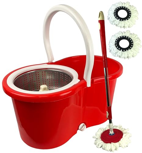 Spin Mop Bucket Set with Spin 360 Wringer and 2 Microfibre Mop Pad Head Telescopic Easy Press Handle with Spin Dry Cleaning Caddy Set-Microfibre Home Cleaning Clean Floor (Red)