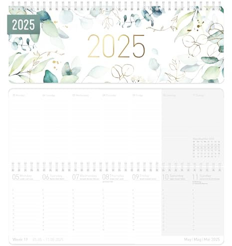Häfft® Internationaler Wochen-Tischkalender 2025 quer Blattgold 1 Woche 2 Seiten, Wochenkalender 29,8 x 11,6 cm, mehrsprachiger Schreibtisch-Kalender - nachhaltig & klimafreundlich