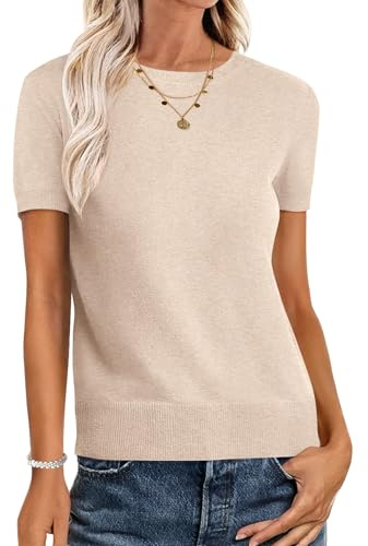 ANRABESS Womens Short Sleeve Sweaters Wool Blend,Parchment Beige,L