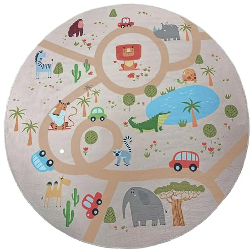 the carpet Happy Life - Habitación Infantil, Alfombra Infantil, Alfombra de Juego, Lavable, Alfombra de Calles, Selva, Animales, Coche, Beige, 160 cm Redondo