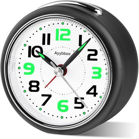 Ayybboo Réveil Analogique Silencieux sans Tic-Tac,Réveil de Voyage avec Lumineux et Snooze,3.27in Petite Horloge Bureau à Gros Chiffres,Facile à Lire,Reveil Matin pour Bureau,Chambre（Noir）