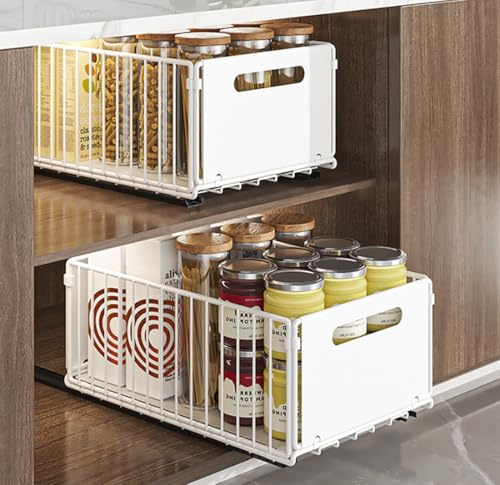 YunNasi Organizador de Gabinete Extraíble con Estantes de Almacenamiento Deslizantes, Organizador de Armario, Cesta Deslizante para Cocina, sin taladrar ni clavar (Blanco, 2Bloque 38D X 25W X19H CM)