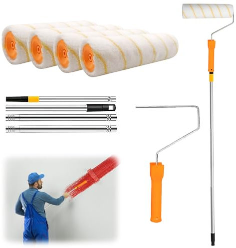 Kit Peinture Rouleau Pinceau, Rouleau de Peinture avec Manche Télescopique 30-120cm Kit de Rouleau à Peinture avec 4 Rouleaux de Rechange Pinceau Mural pour Murs et Plafonds
