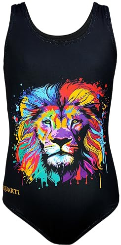 Aquarti Badeanzug Mädchen – Sportlicher Mädchen Badeanzug mit Ringerrücken Print, Farbe: Bunter Löwe/Schwarz, Größe: 170
