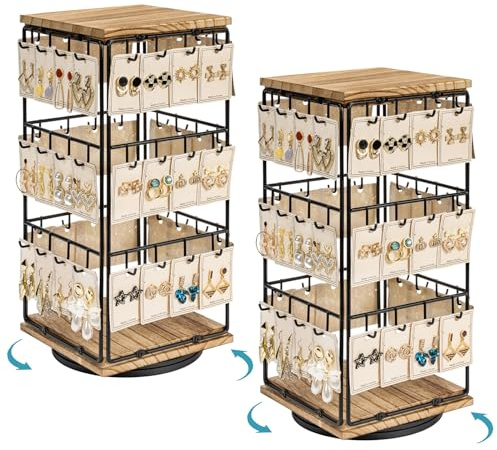 Emfogoo 360° Drehbare Ohrringe Aufbewahrung 2er Pack, Holz Schmuck-Display für Verkäufer, Schmuckständer-Organizer für Ohrstecker Ohrringe & Armbänder, Geschenk für Frauen (Rustikal Braun)