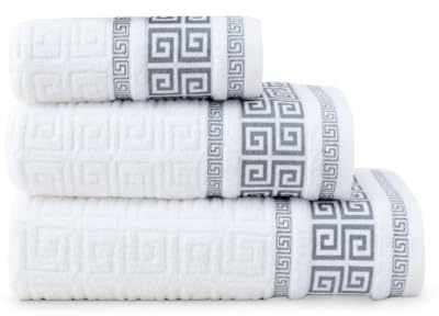 DH DREAMER HOME Juego de 3 Toallas de Baño – Diseño Greco Reversible – 100% algodón Extra Suaves y absorbentes – 1 de Tocador 30x50cm, 1 de Mano 50x90cm y 1 de Baño 100x150cm (Greco Blanco)