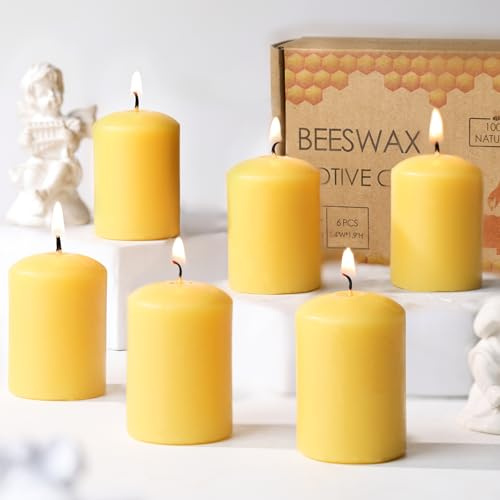 11 Hour Long Burning Beeswax Votive Candles,6 Pack Natural Yellow Unscented Small Pillar Candles for Weddings, Home Decor and Spa, Smokeless & Dripless Votive Candle Bulk Set