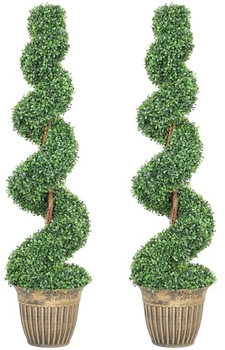 HOMCOM Set of 2 Decorative Artificial Plants Topiary Spiral Boxwood Trees in Pot, Fake Plants for Home Indoor Outdoor Decor, 120cm, Green