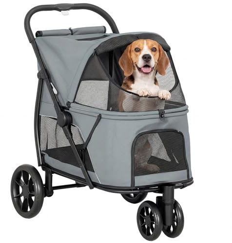 PawHut Carrito para Perros Plegable, Cochecito para Perros Medianos con 3 Ruedas, Ventanas de Malla, Cojín Lavable, Bolsillo, Correas de Seguridad, Frenos, Todo Terreno, Carga 20 kg, 92x63x95 cm, Gris