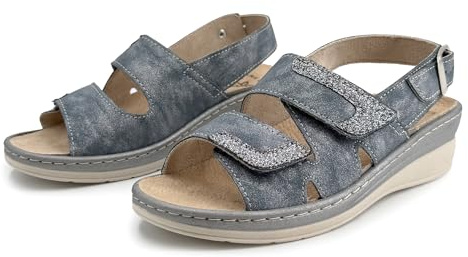 JOMIX Sandali Donna Comodi Ortopedici con Strappo e Fibbia Regolabile Plantare Estraibile in Vera Pelle Scarpe Estivi Ergonomici Anatomici da Anziani Piedi Sensibili e Uso Quotidiano Blu 35