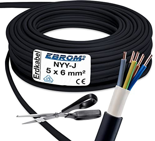 Cable subterráneo, Corriente de alta intensidad – (NYY-J 5 x 6 mm²) – Negro – Largo a elegir a partir de 1 m – Se envía en una sola pieza