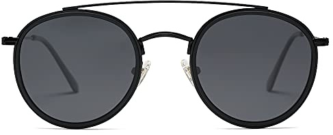 SOJOS Retro Vintage Round Polarized Sunglasses for Women Men Small Double Bridge Circle Sunnies SJ1104, Dark Black/Grey