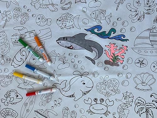 Oceantime Fun Design – XL Rectangle Tablecloth 60”X102” - Interactive Coloring Tablecloth for Kids – Poly/Cotton Fabric - Washable and Reusable – DIY Activity for Children and Adults