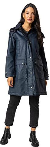 Roman Women Waxed Coat with Hood - Ladies Hooded Winter Jacket with Pockets Autumn Long Longline Rainproof Windproof Showerproof Everyday Evening Work Smart Casual - Navy - Size 20