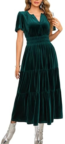 R.Vivimos Automne Hiver Femmes Velours Maxi Robe Manches Courtes V Col en échelons Ruffle Une Ligne Robe Vintage(S,DarkGreen)