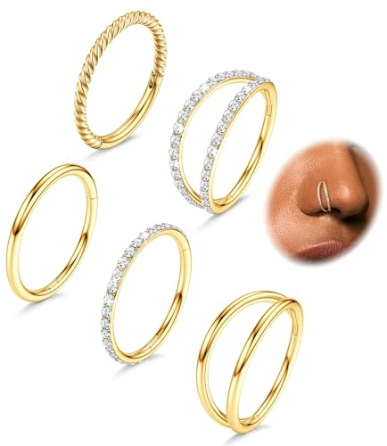 CASSIECA 5Pcs 18G Surgical Steel Nose Rings Hoop for Women CZ Clicker Hinged Septum Ring Lip Helix Cartilage Double Hoop Earring Daith Rook Conch Body Piercing Jewelry for Women 8mm, Gold Tone