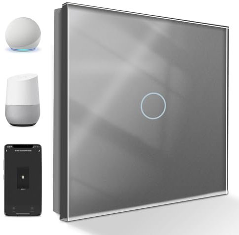 PANGTZEEN Smart WiFi Lichtschalter 1 Fach 1 Weg 2.4GHz Alexa Google Home Unterstützung Tuya APP Sprachsteuerung Gehärtetem Glas Touch Rahmen WandSchalter Unterputz Grau (Neutralleiter Erforderlich)